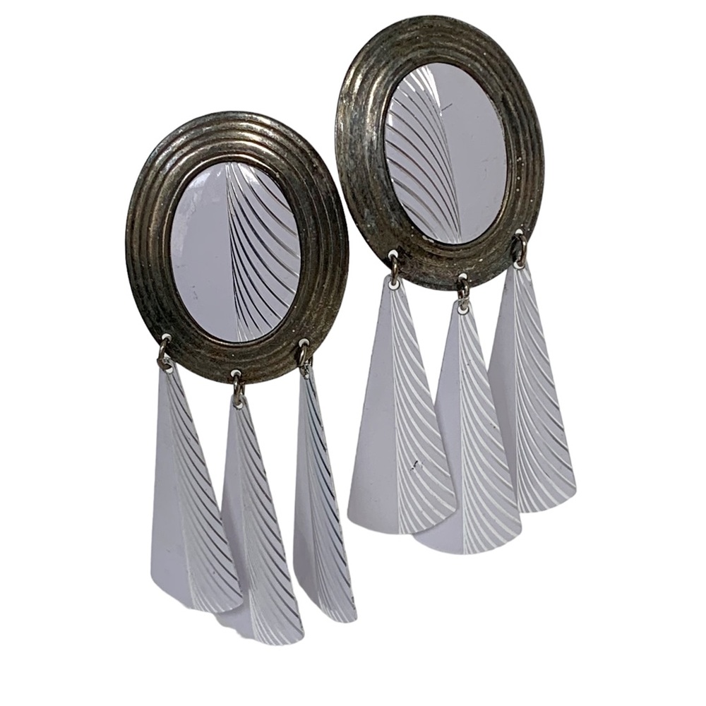 Vintage white enamel concho boho statement earrings with dangling fringe